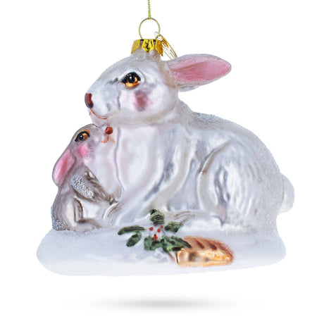 Glass Tender Mother and Baby Bunnies - Blown Glass Christmas Ornament in Silver color