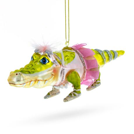 Glass Twirling Gator: Alligator in Pink Ballerina Ensemble - Blown Glass Christmas Ornament in Multi color