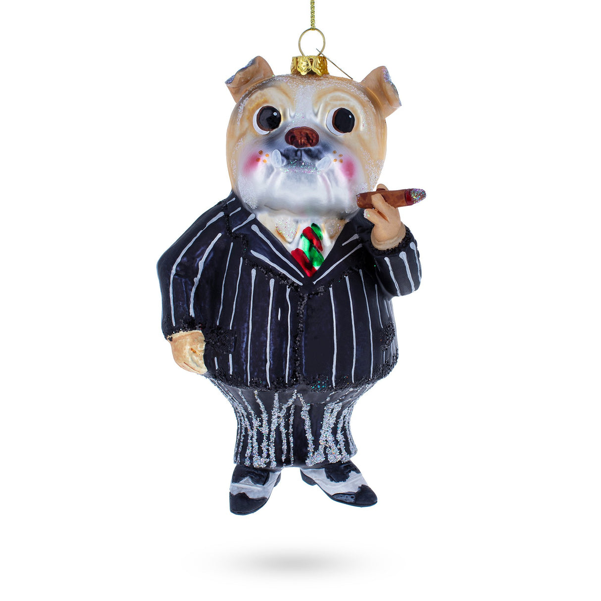 Glass Dapper Bulldog in Suit with Cigar - Blown Glass Christmas Ornament in Multi color