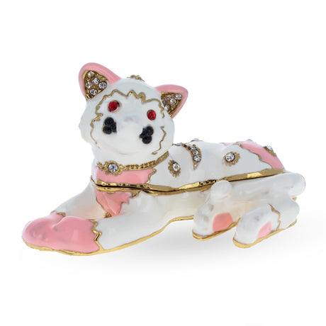 Pewter Pink and White Cat Jeweled Trinket Box Figurine in Multi color