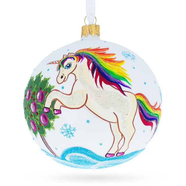 Glass Enchanting Unicorn Blown Glass Ball Christmas Ornament 4 Inches in White color Round