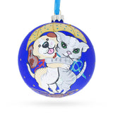 Glass Playful Cat & Dog Blown Glass Ball Christmas Ornament 4 Inches in Blue color Round