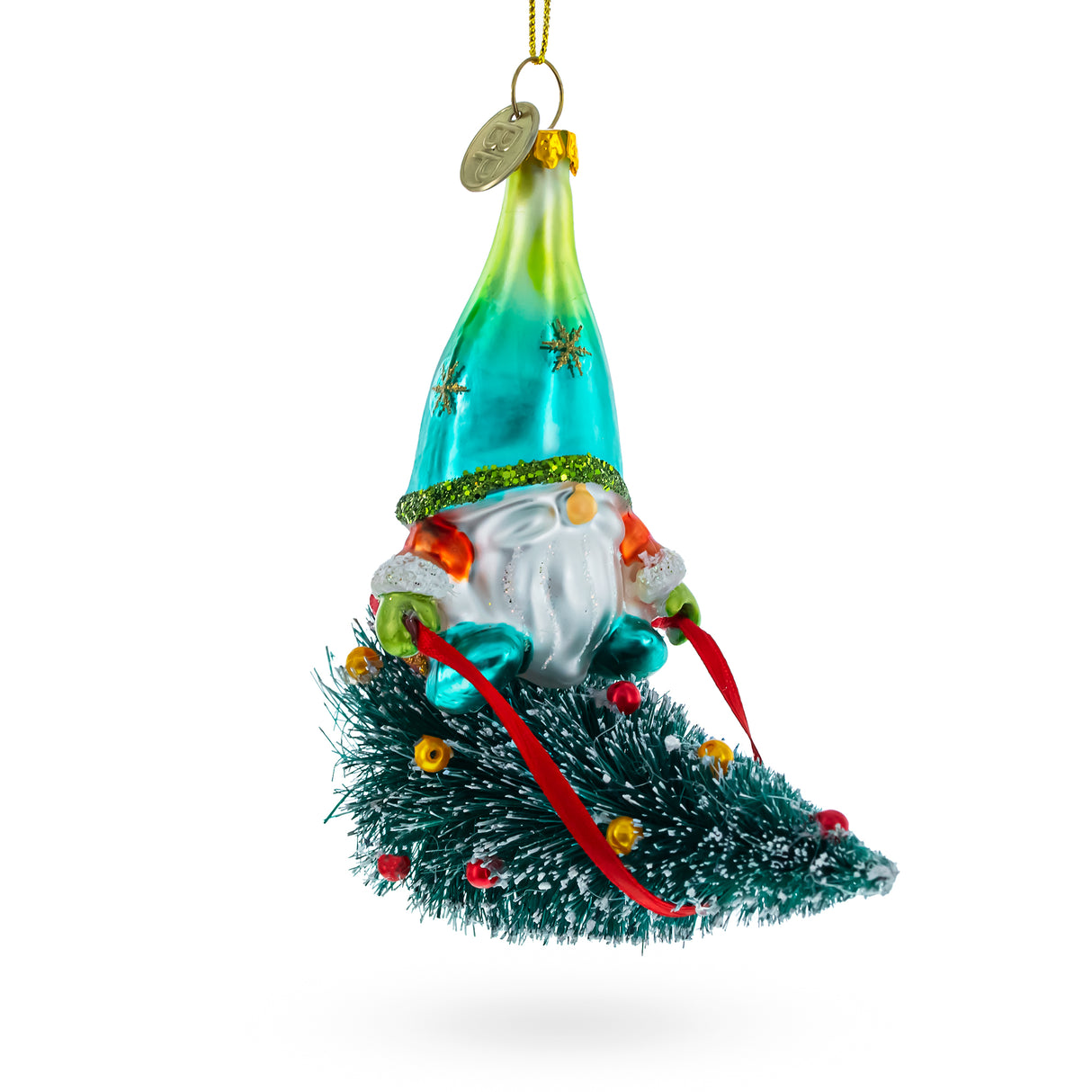 Glass Gnome Adventurer Riding a Festive Tree - Blown Glass Christmas Ornament in Multi color