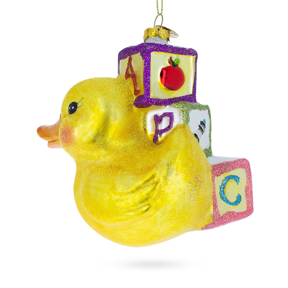 Educational Yellow Duck with ABC Blocks - Blown Glass Christmas Ornament ,dimensions in inches: 4.53 x 3.47 x 4.73