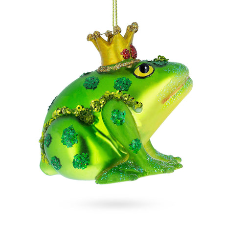 Glass Regal Frog in Crown - Blown Glass Christmas Ornament in Green color