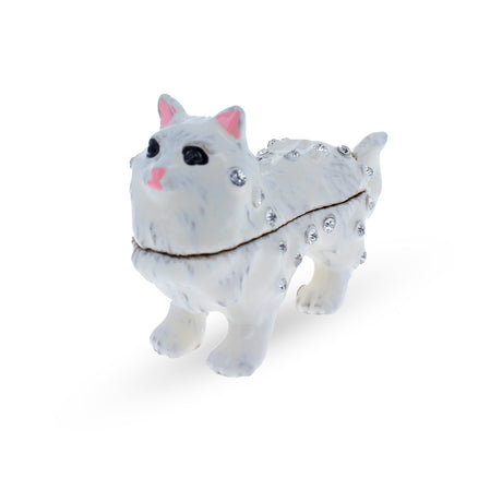 Pewter White Cat with Crystals Trinket Box Figurine in Multi color