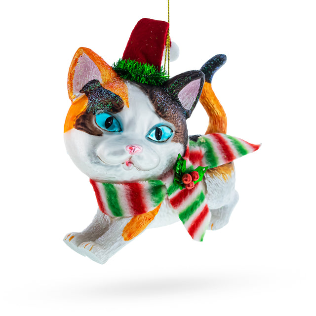 Glass Cozy Cat in Santa Hat and Scarf - Blown Glass Christmas Ornament in Multi color