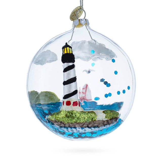 Glass Majestic Lighthouse in Glass Dome - Blown Glass Christmas Ornament in Multi color Round