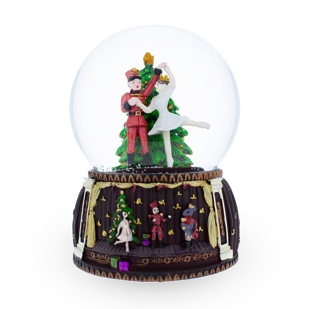 Resin Nutcracker Ballet Whirl: Musical Water Snow Globe Figurine with Dancing Nutcracker and Ballerina around Christmas Tree in Multi color Round