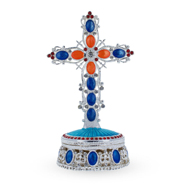 Pewter Bejeweled Standing Metal Cross Trinket or Rosary Box in Multi color