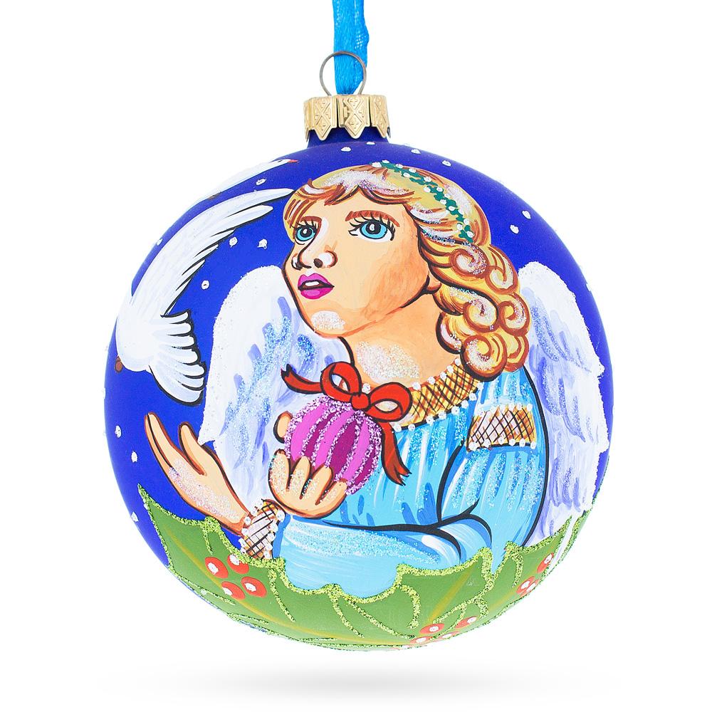 Glass Harmonious Angel with Peace Pigeons Blown Glass Ball Christmas Ornament 4 Inches in Blue color Round