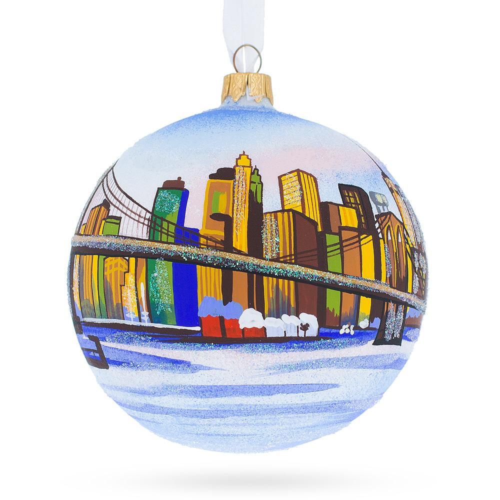 Glass Brooklyn Bridge, New York Glass Ball Christmas Ornament 4 Inches in Multi color Round