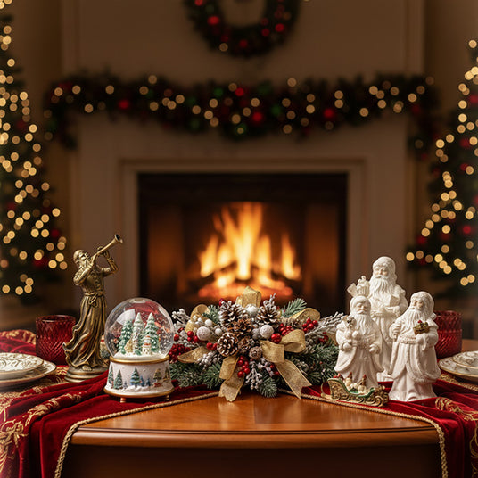 Decorative Christmas scene with figurines, snow globe, and garland in front of a fireplace.