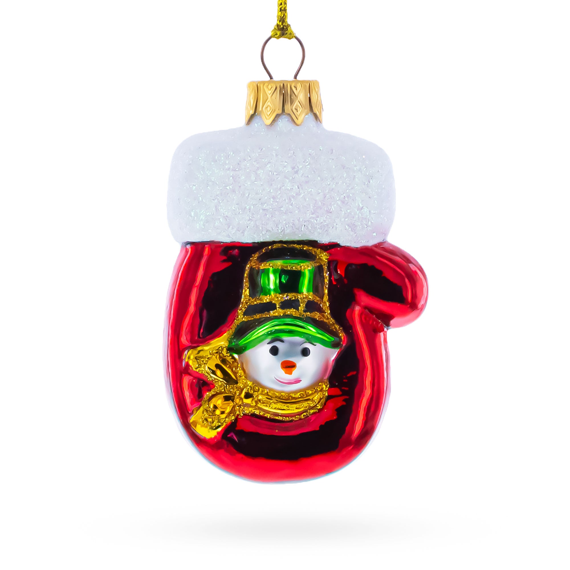Mitten with Snowman Glass Christmas Ornament in Red color Figurine