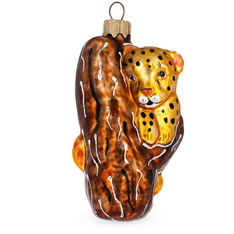 Glass Leopard Climbing a Tree Branch Glass Christmas Ornament in Yellow color