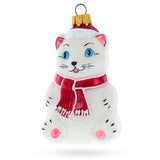 Glass White Cat Wearing Red Scarf Glass Christmas Ornament in White color