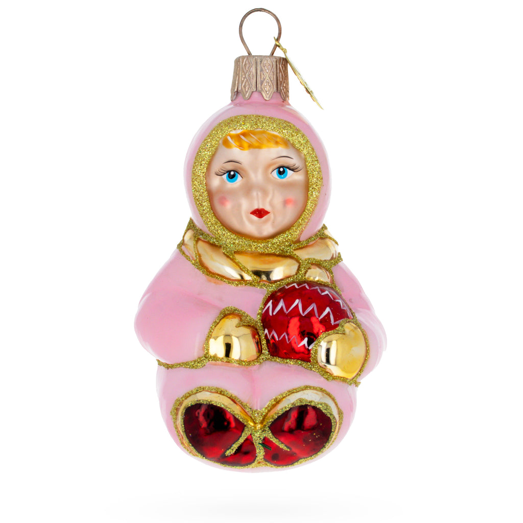 Glass Toddler Girl in Pink Glass Christmas Ornament in Pink color