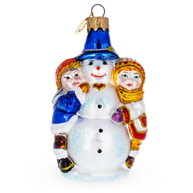 Glass Kids Making Snowman Glass Christmas Ornament in White color