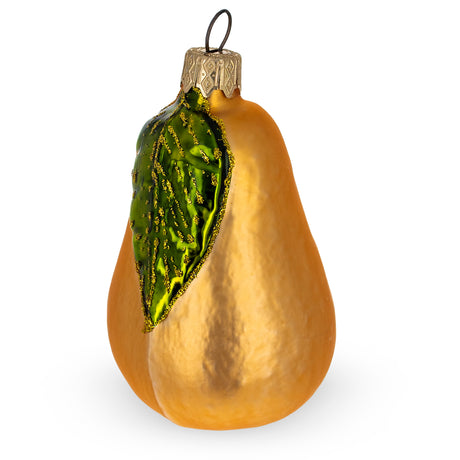 Glass Pear with Shiny Leaf Glass Christmas Ornament in Orange color