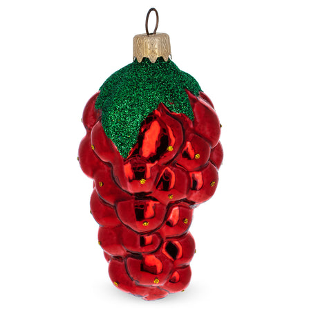 Glass Shiny Grape Cluster with Glittered Leaf Glass Christmas Ornament in Red color