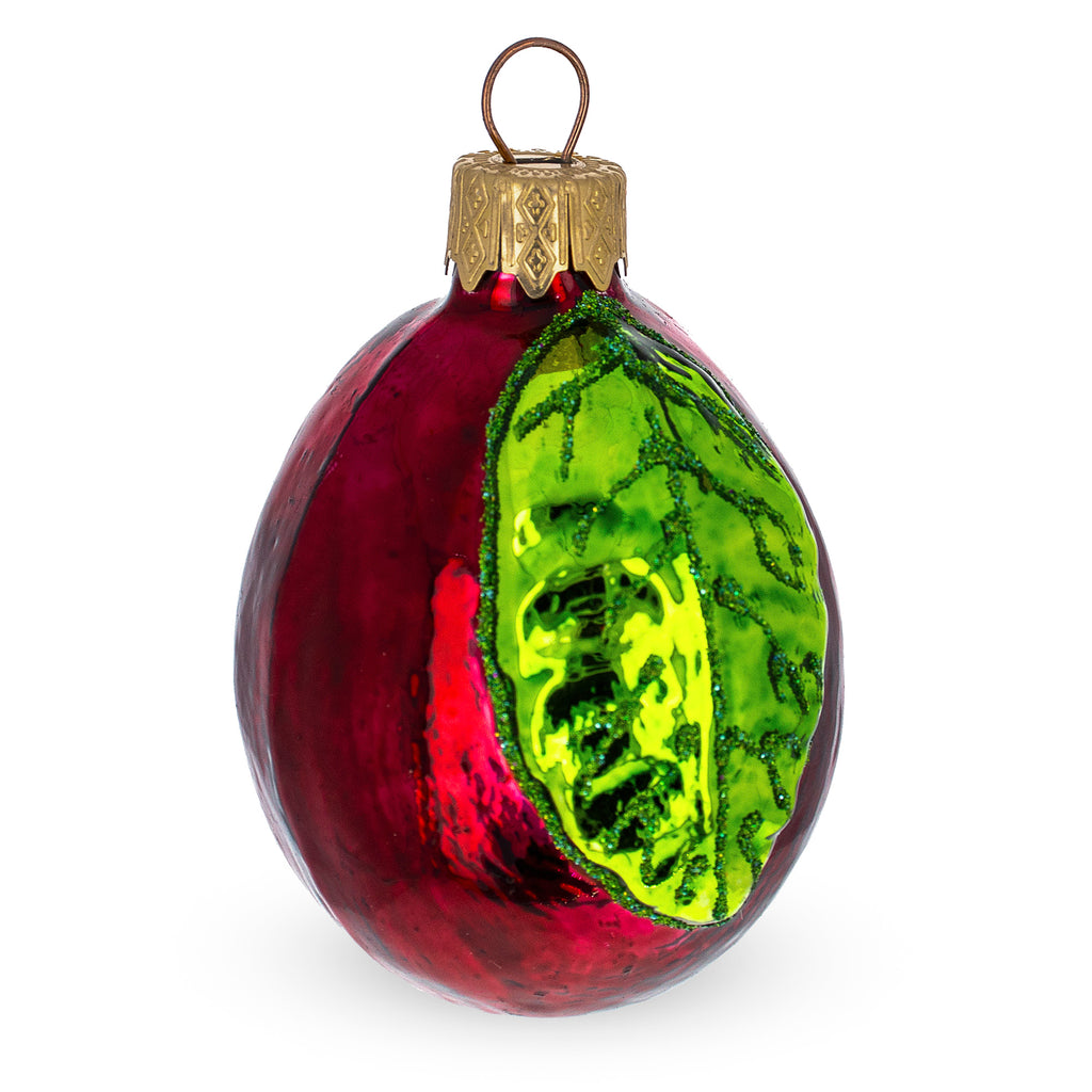 Glass Plum with Shiny Leaf Glass Christmas Ornament in Red color Oval
