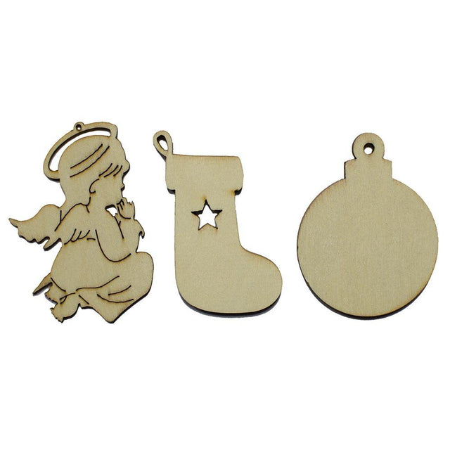 Wood Set of 3 Wooden Angel, Stocking and Christmas Ball Ornament Cutouts in Beige color