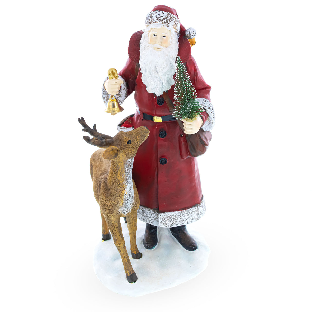 Resin Santa Holding Christmas Tree and Bell by Reindeer Figurine 12 Inches in Red color