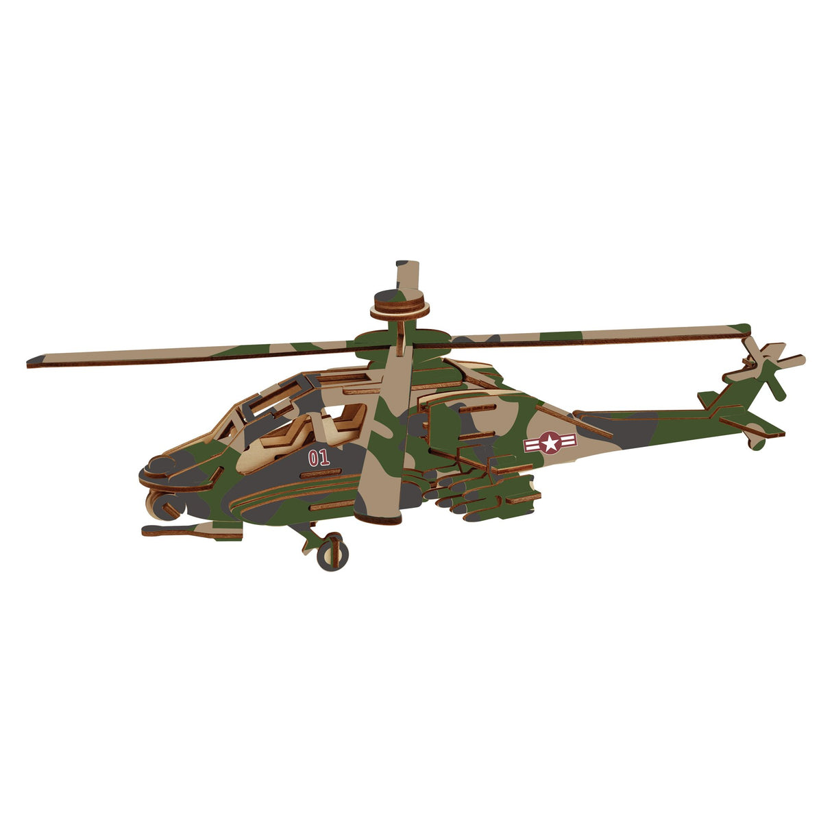 Wood Apache Helicopter Model Kit - Wooden Laser-Cut 3D Puzzle (82 Pcs) in Green color