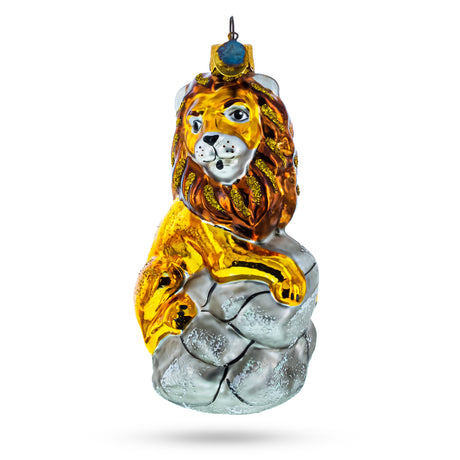 Glass Lion Sitting on The Rock Glass Christmas Ornament in Yellow color