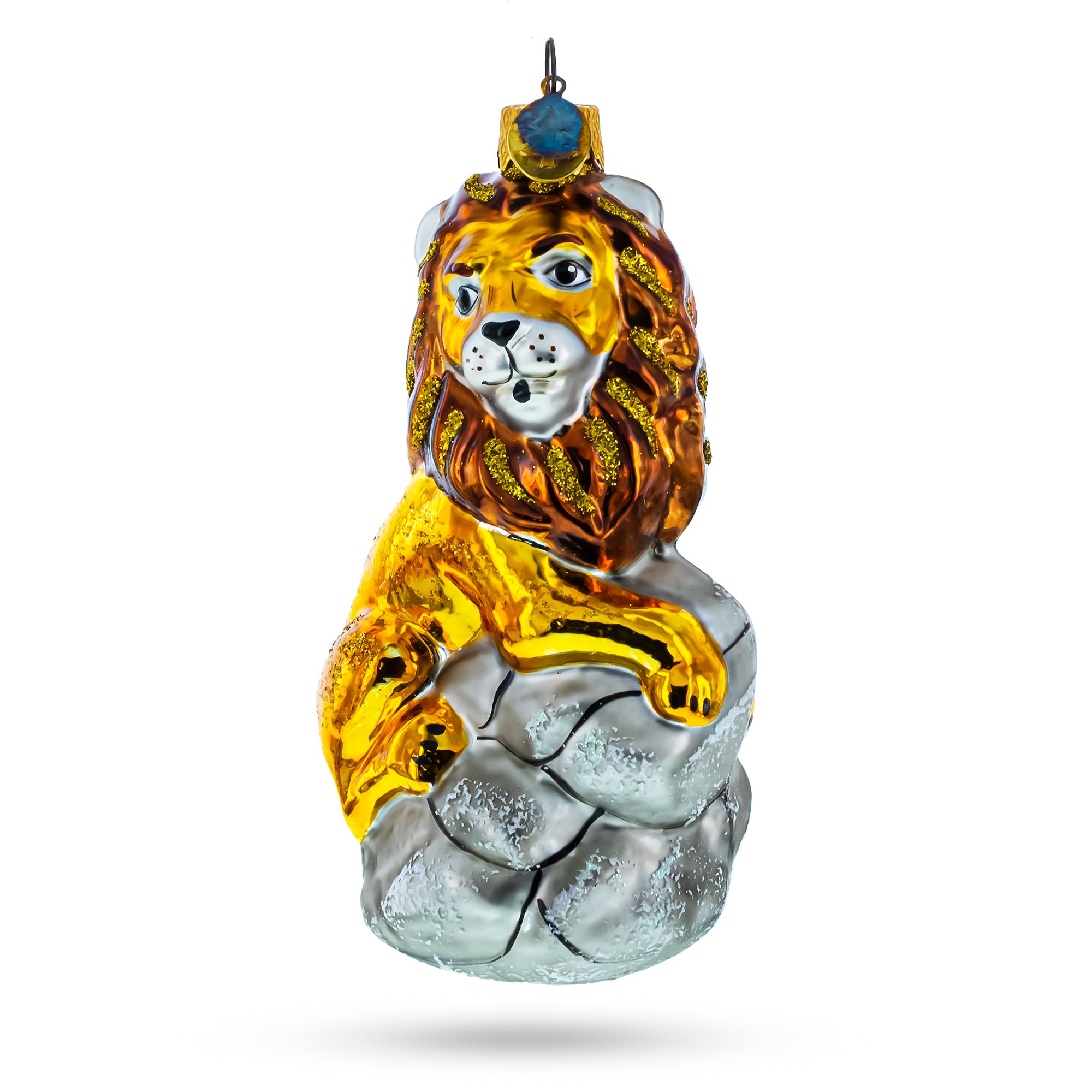 Lion Sitting on The Rock Glass Christmas Ornament in Yellow color Figurine