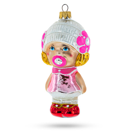Glass Toddler Girl With Pacifier Glass Christmas Ornament in Pink color