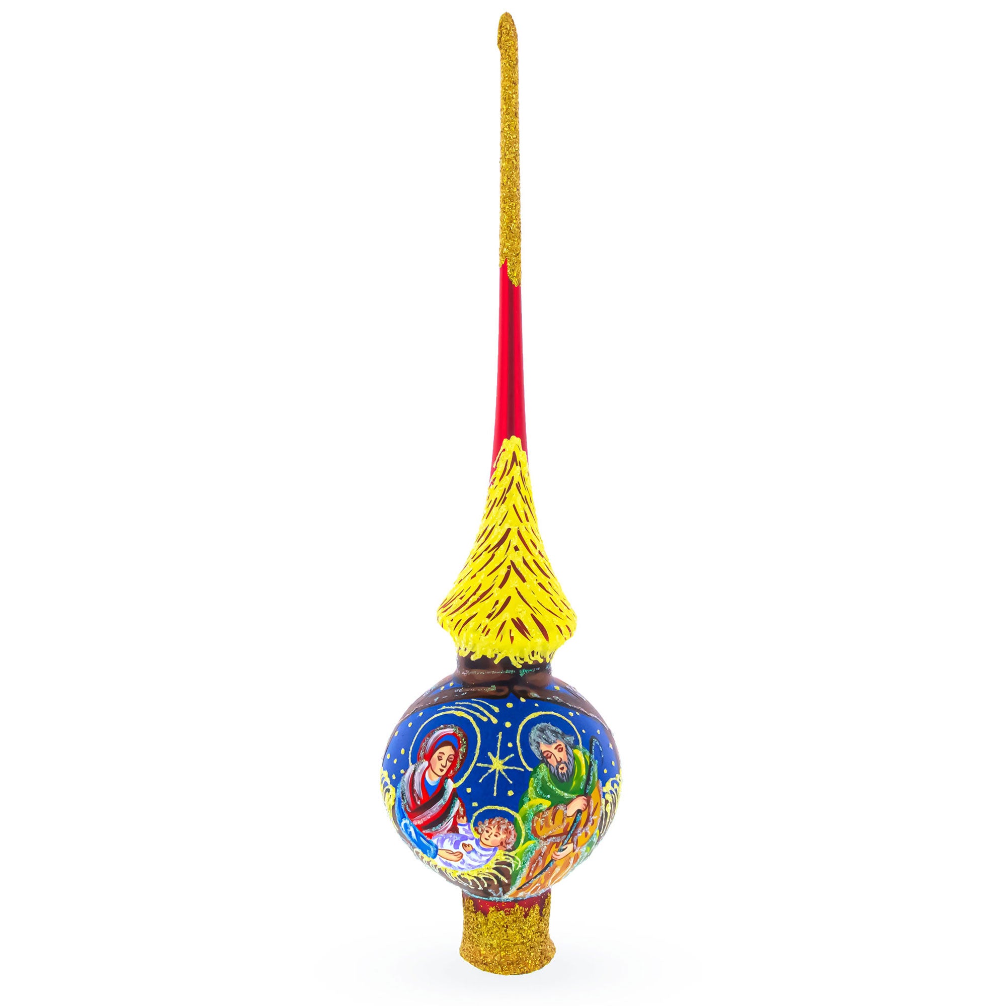 Holy Family on Red Mouth Blown Glass Christmas Tree Topper 11 Inches in Red color Triangle