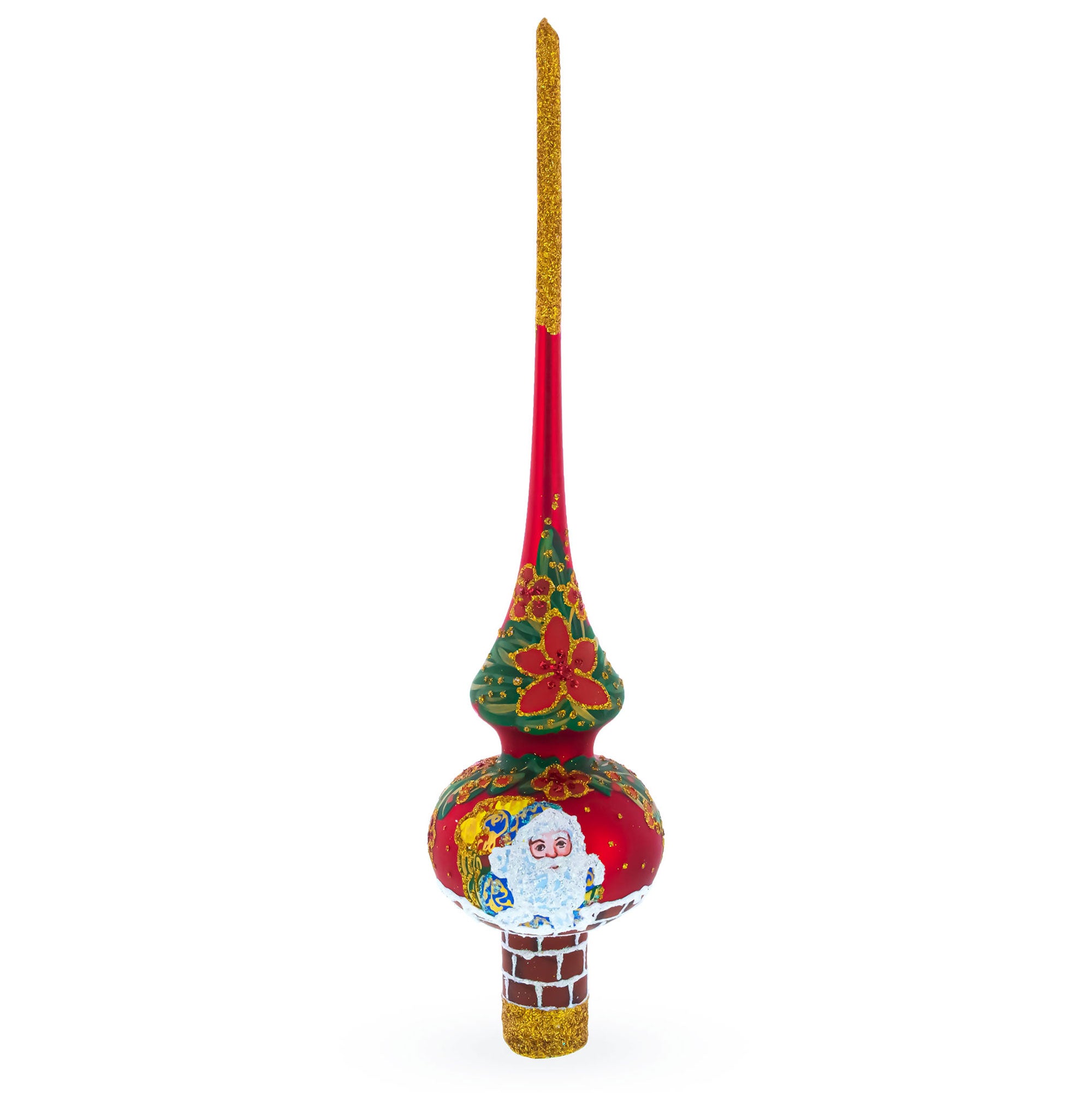 Santa Climbing Down Chimney on Red Mouth Blown Glass Christmas Tree Topper 11 Inches in Red color Triangle