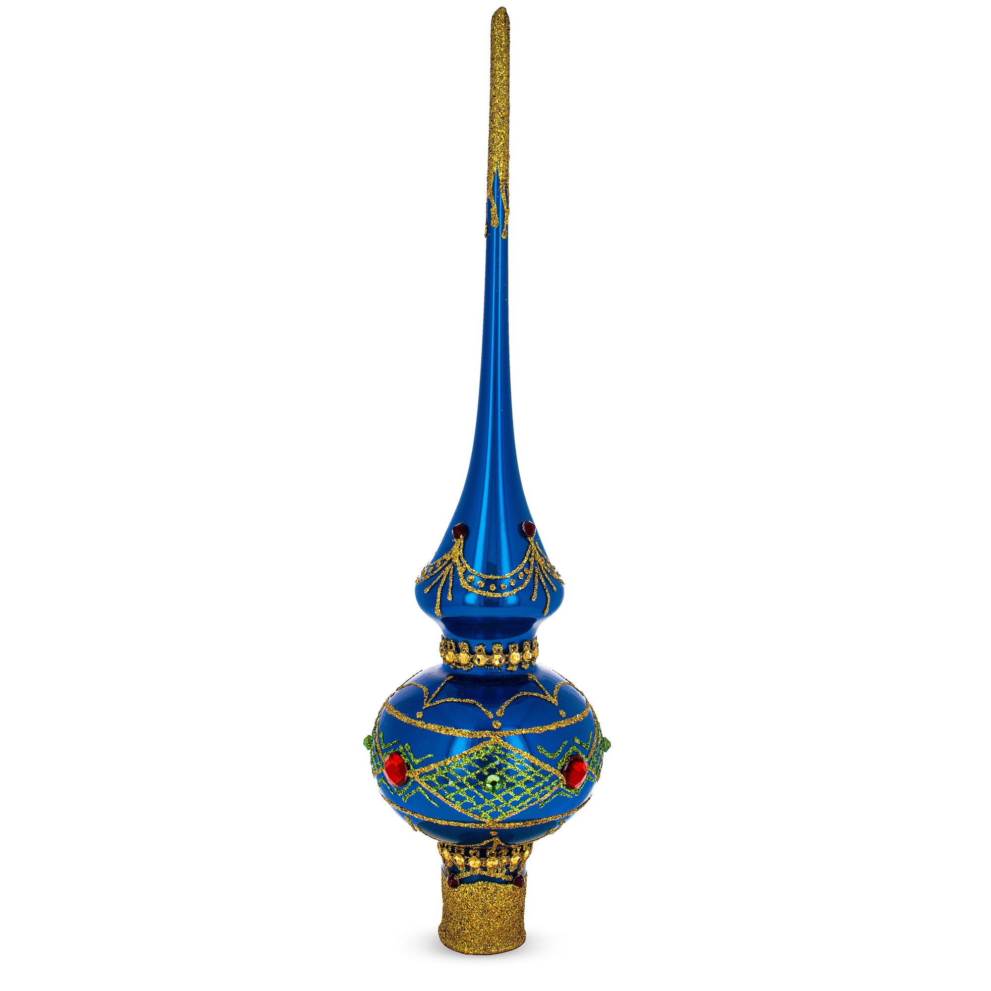 Blue and Gold with Ornate Glitter Geometrical Blown Glass Christmas Tree Topper 11 Inches in Blue color Triangle