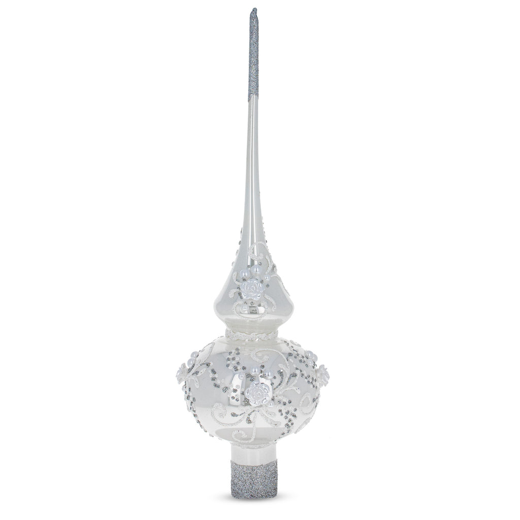 Glass Dimensional White Roses and Pearls on Glossy White Artisan Hand Crafted Mouth Blown Glass Christmas Tree Topper 11 Inches in White color Triangle