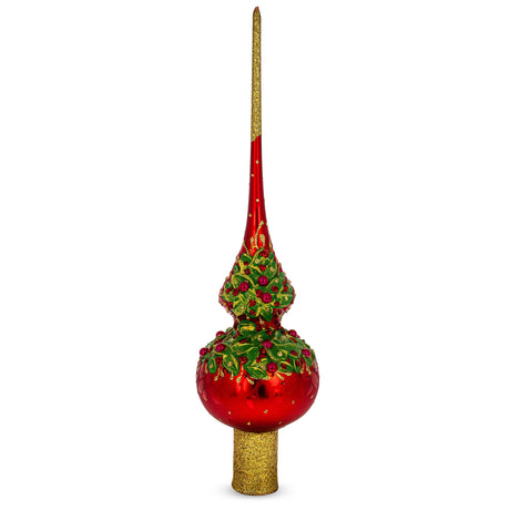 Glass Red Pearls and Poinsettia Flowers on Glossy Red Artisan Hand Crafted Mouth Blown Glass Christmas Tree Topper 11 Inches in Red color Triangle