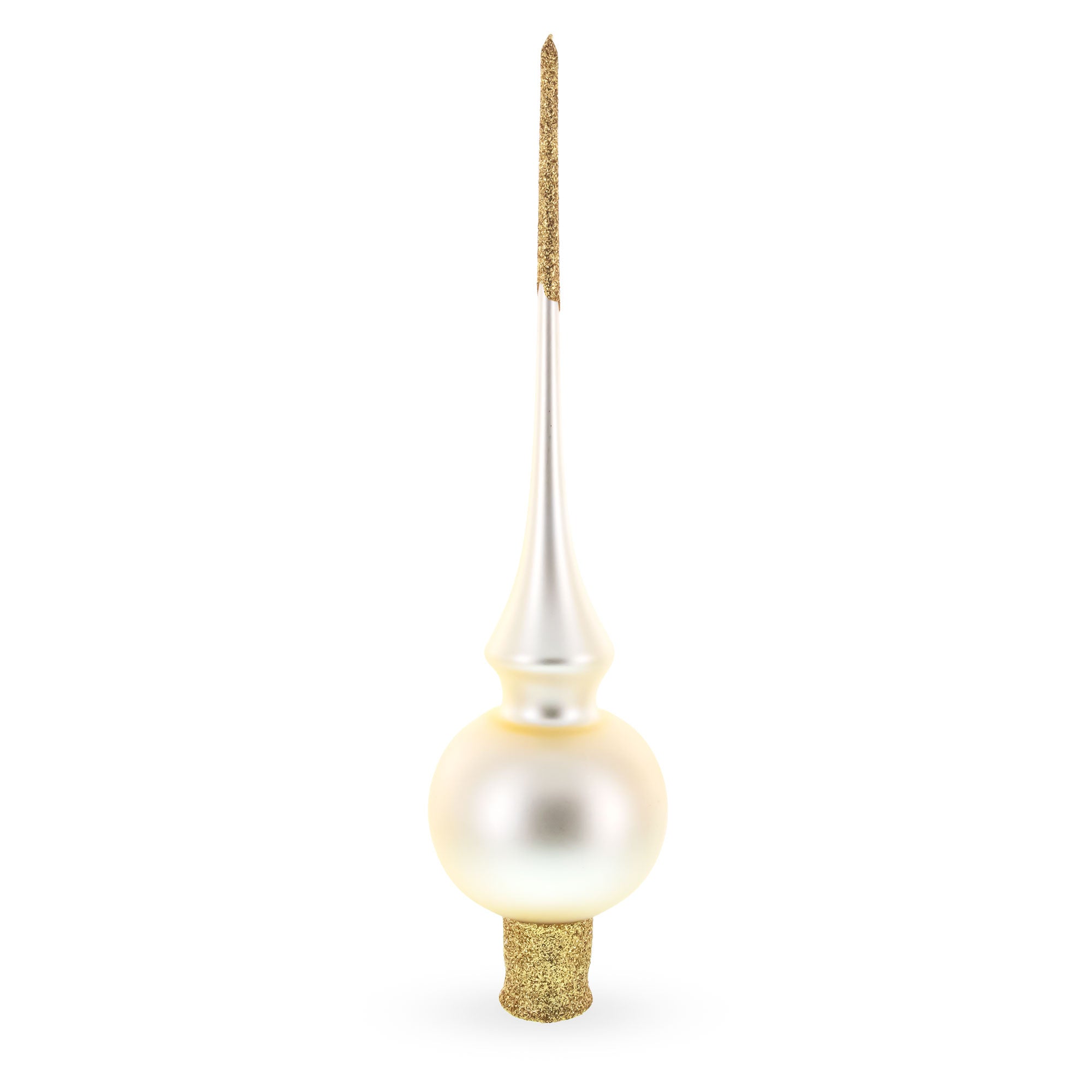 Matte Beige with Sparkling Top Mouth Blown Glass Christmas Tree Topper 11 Inches in White color Triangle