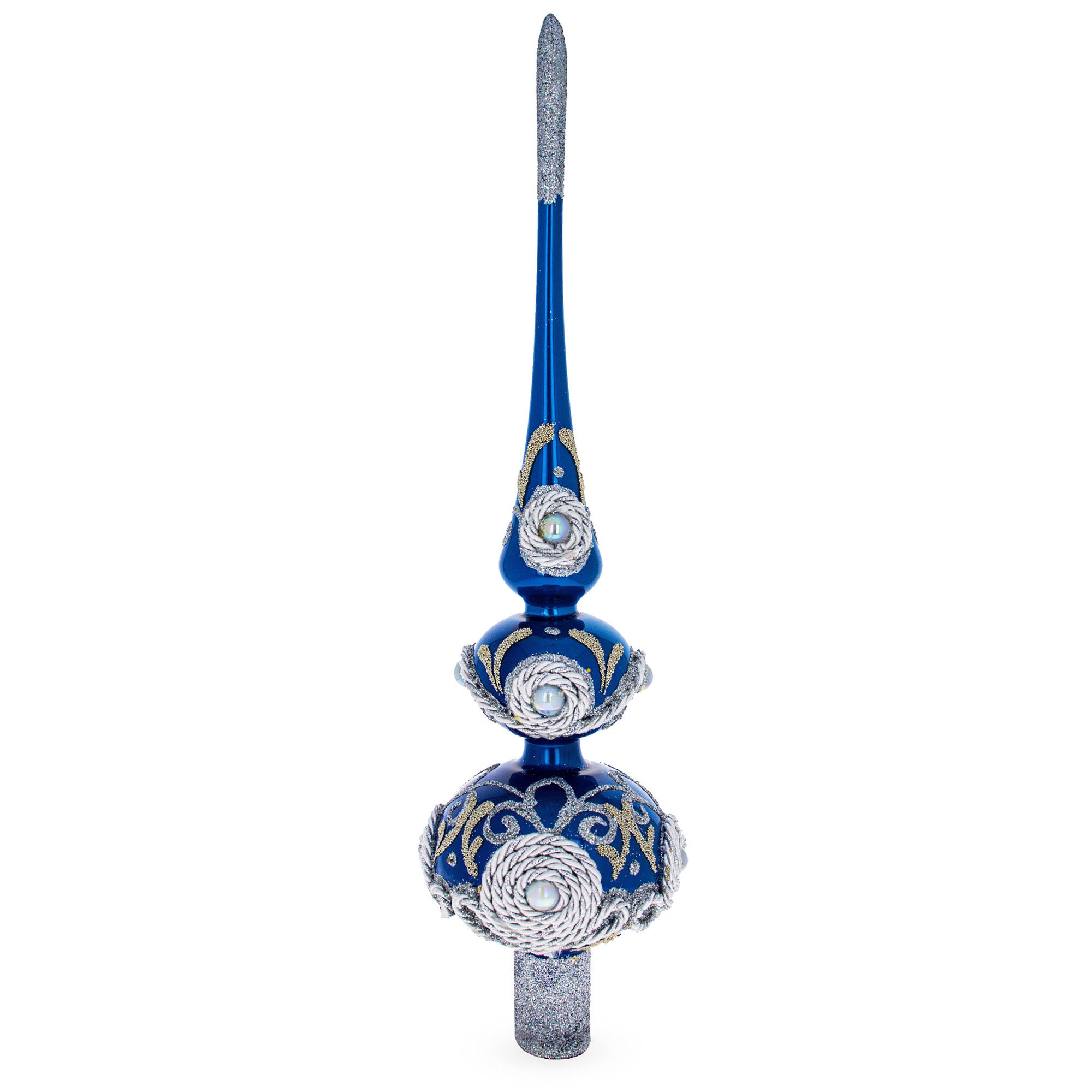 Dimensional Pearls and Twisted Rope on Double Ball Blue Blown Glass Christmas Tree Topper 12.5 Inches in Blue color Triangle