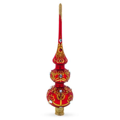 Dimensional White and Red Jewels with Golden Trellis on Red Artisan Hand Crafted Mouth Blown Glass Christmas Tree Topper 12.5 Inches in Red color, Triangle shape