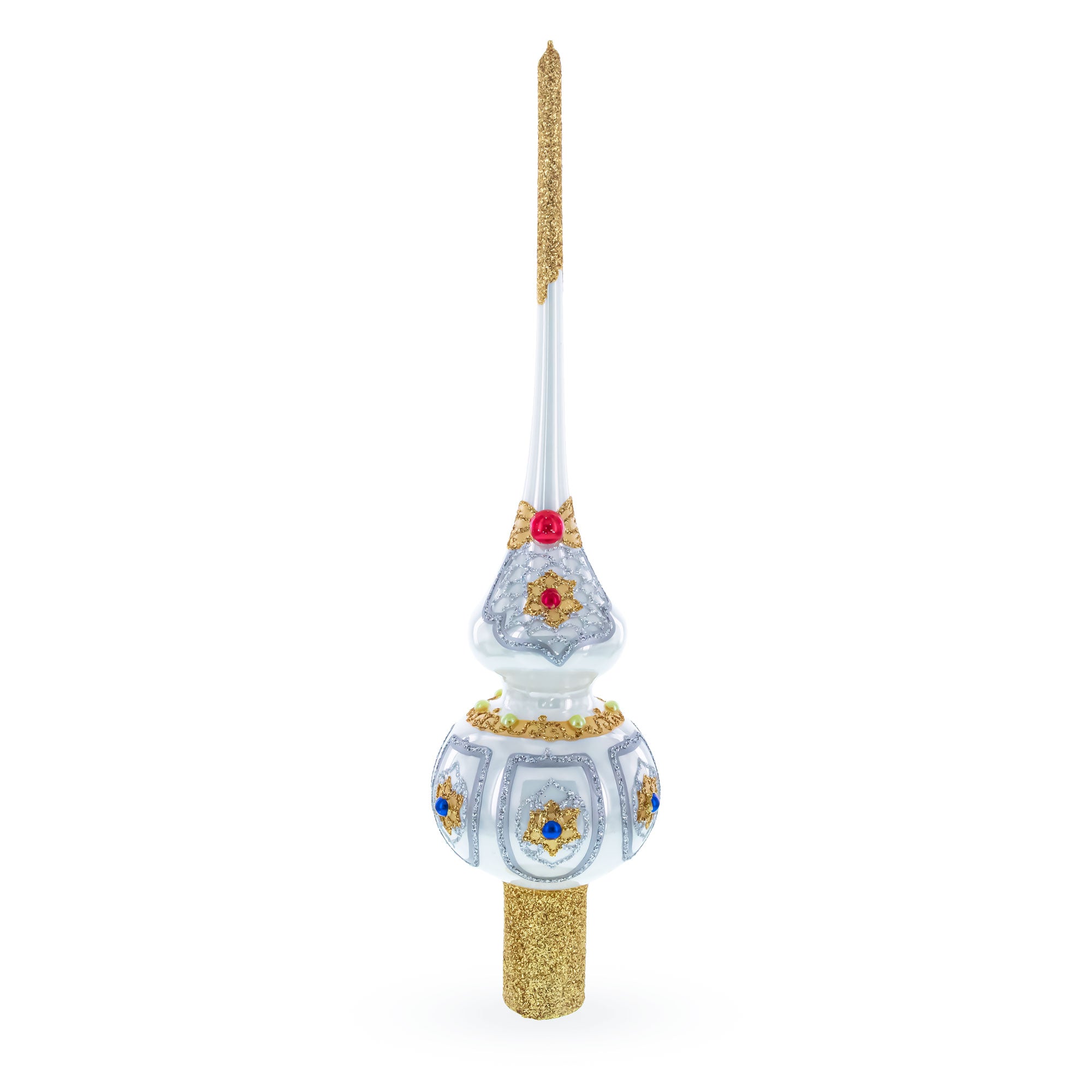 Dimensional Blue and Red Jewels on Silver Mouth Blown Glass Christmas Tree Topper 11 Inches in Silver color Triangle