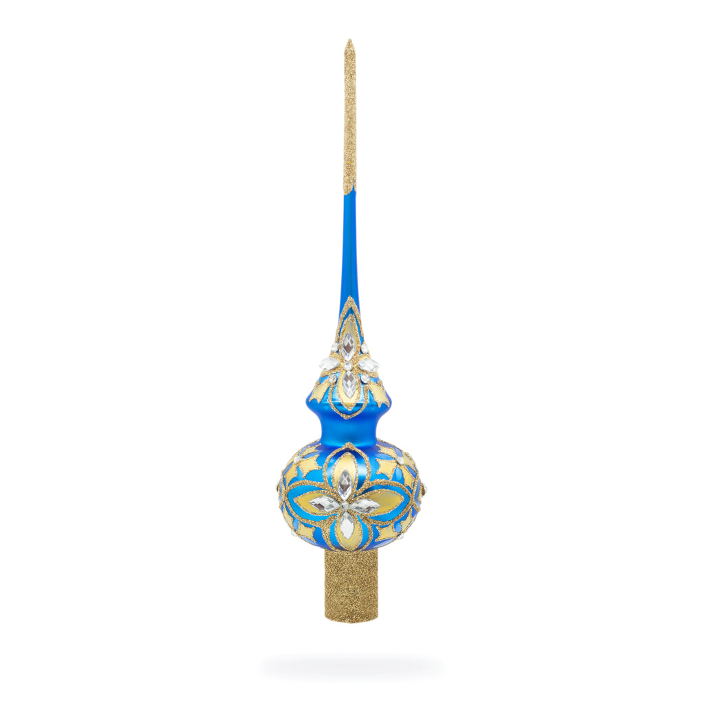 Glass Dimensional Diamond Stars on Blue and Gold Artisan Hand Crafted Mouth Blown Glass Christmas Tree Topper 11 Inches in Multi color Triangle