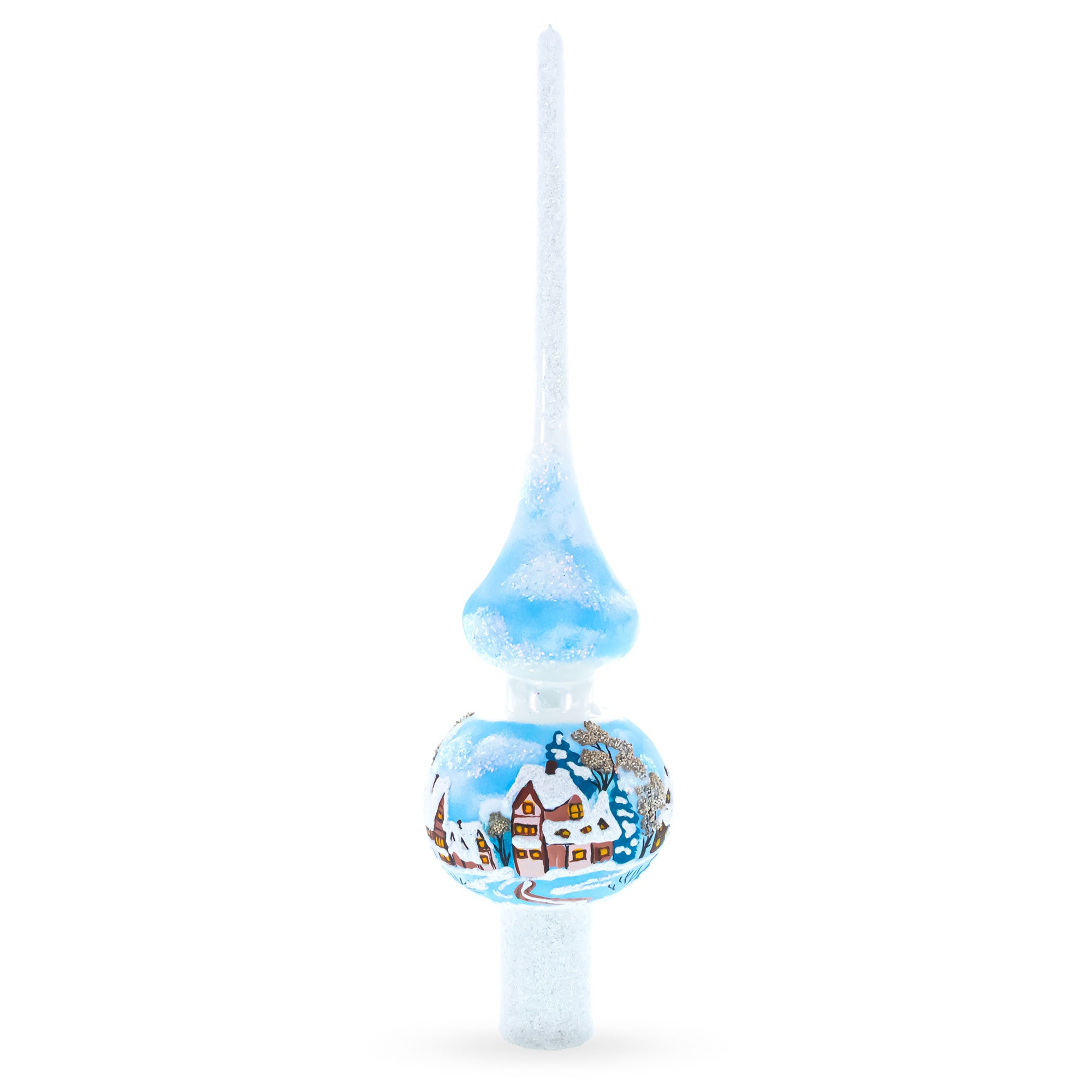 Winter Wonderland Scene with Sparkling Snow Glass Christmas Tree Topper 11 Inches in White color Triangle