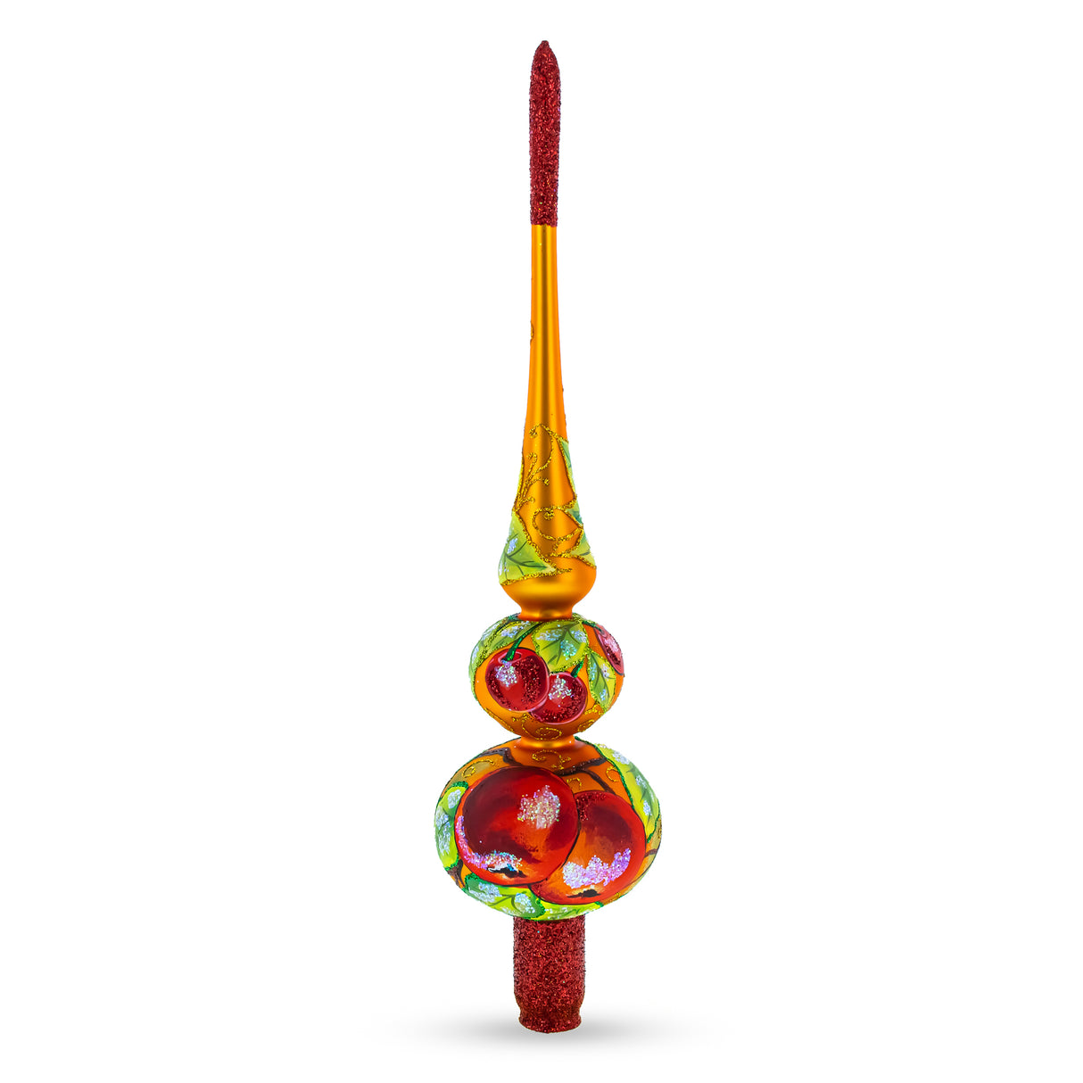 Glass Peaches on Gold Artisan Hand Crafted Mouth Blown Glass Christmas Tree Topper 12.5 Inches in Red color Triangle