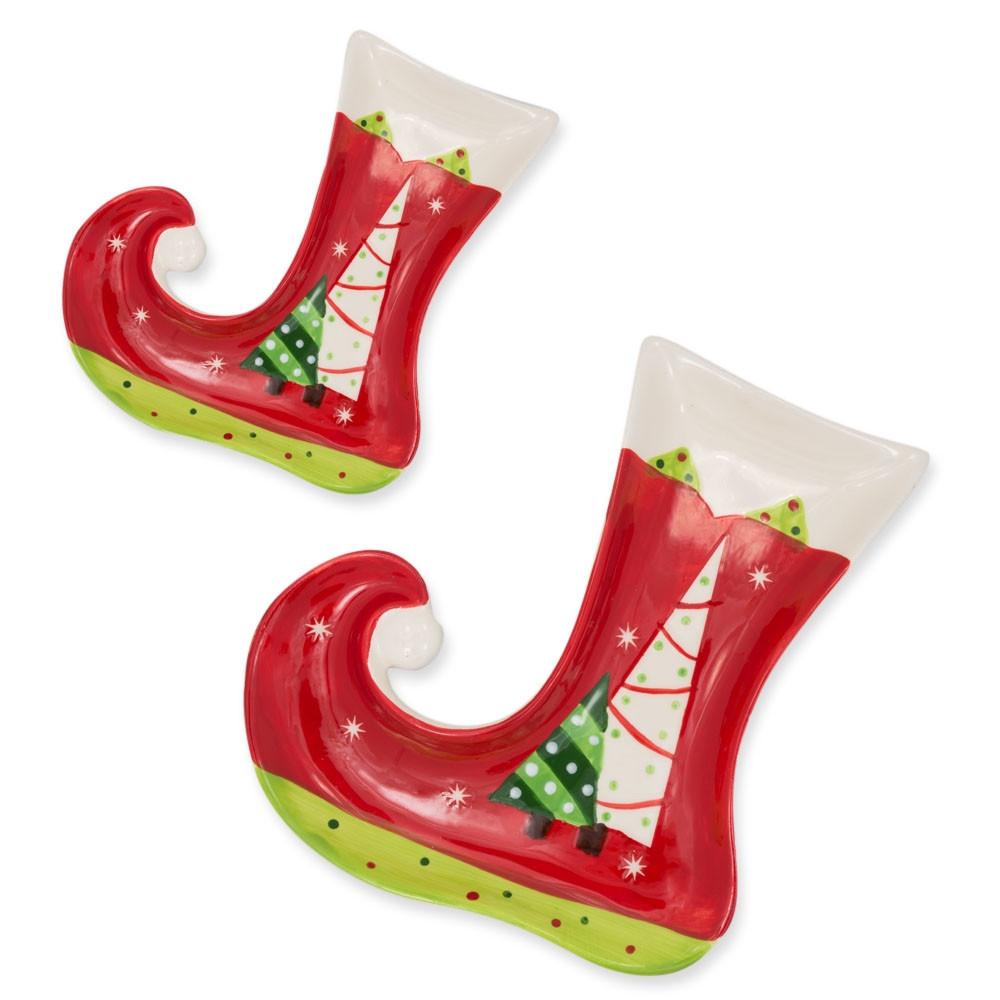 Plastic Set of 2 Christmas Stockings Shape Ceramic Plates in Red color