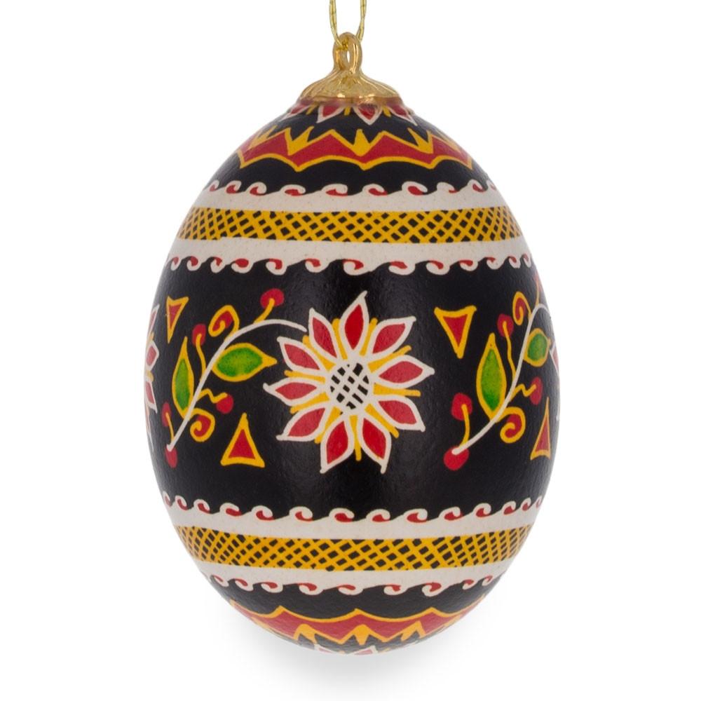 Flowers Authentic Blown Real Eggshell Ukrainian Easter Egg Pysanka Ornament in Red color, Oval shape