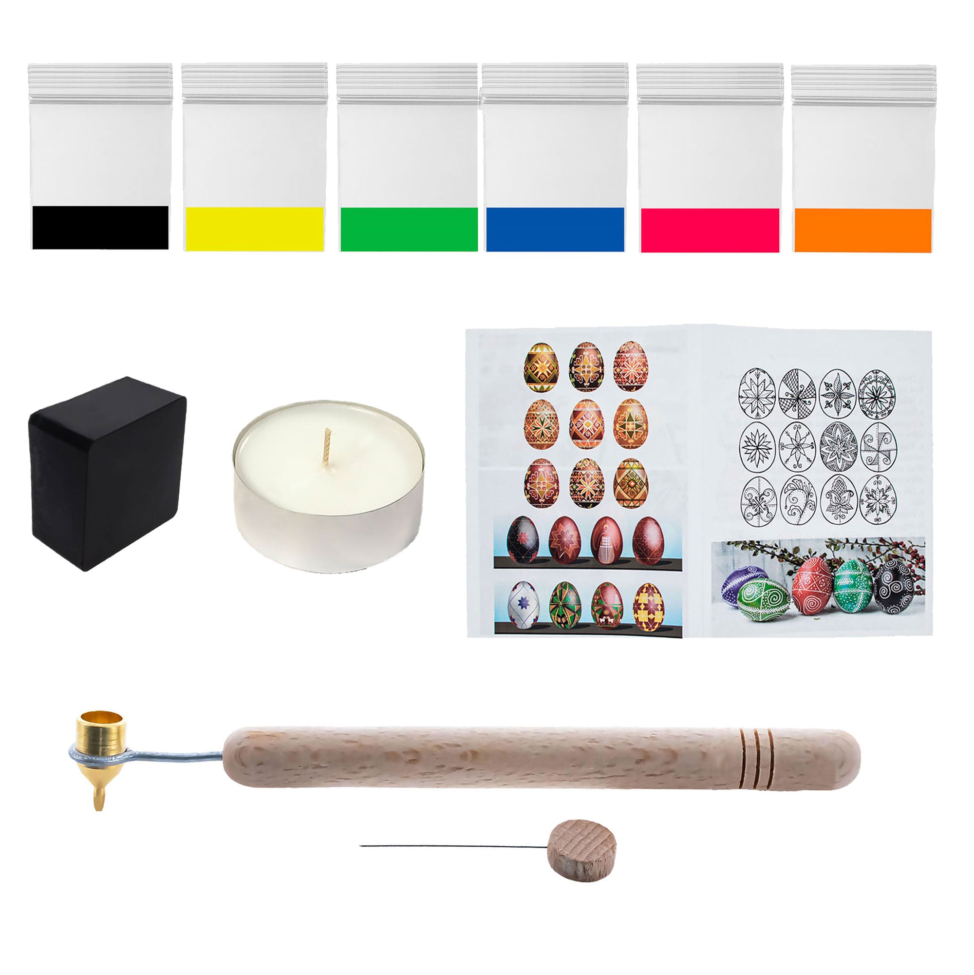 0.3 mm Fine Brass Tip Kistkas, Beeswax, 6 Dyes, Candle and Instructions Ukrainian Easter Egg Decorating Kit in Multi color