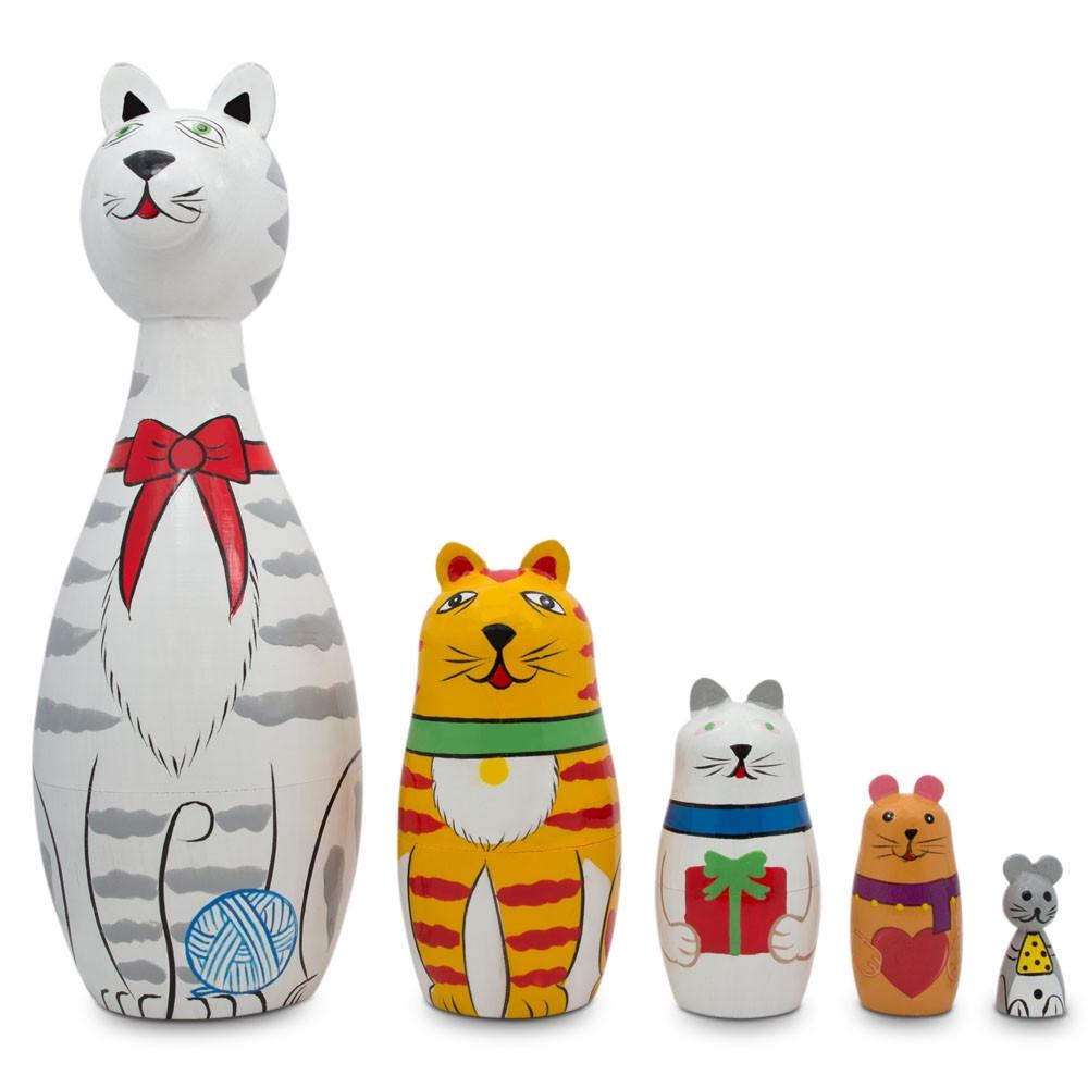 Wood Tabby, Siamese, Maine Coon & Mouse Cats Wooden Nesting Dolls 7 Inches in Multi color