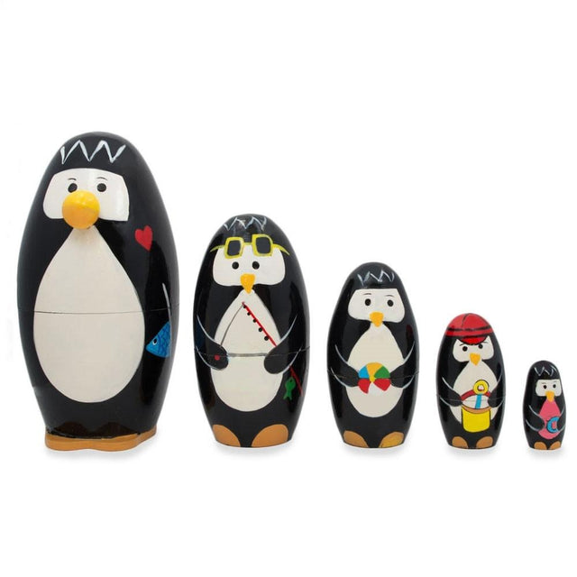 Wood Set of 5 Penguins Wooden Nesting Dolls 5 Inches in black color