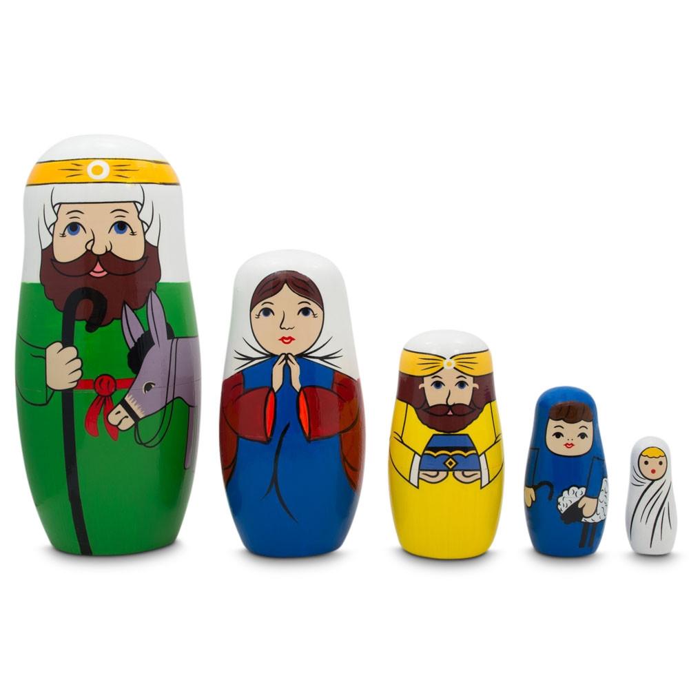 Wood Joseph, Mary, and Jesus Nativity Scene Wooden Nesting Dolls 5.75 Inches in blue color
