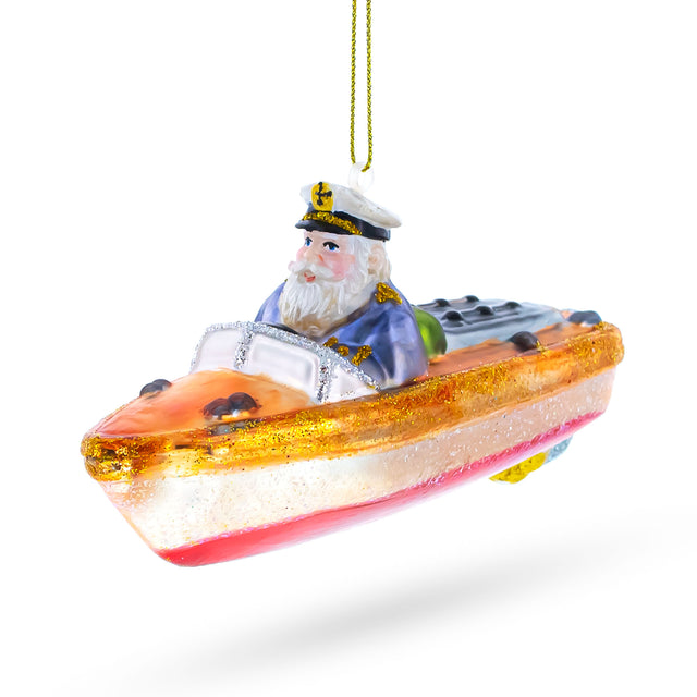 Glass Nautical Captain Santa on Boat - Elegant Blown Glass Christmas Ornament in Multi color